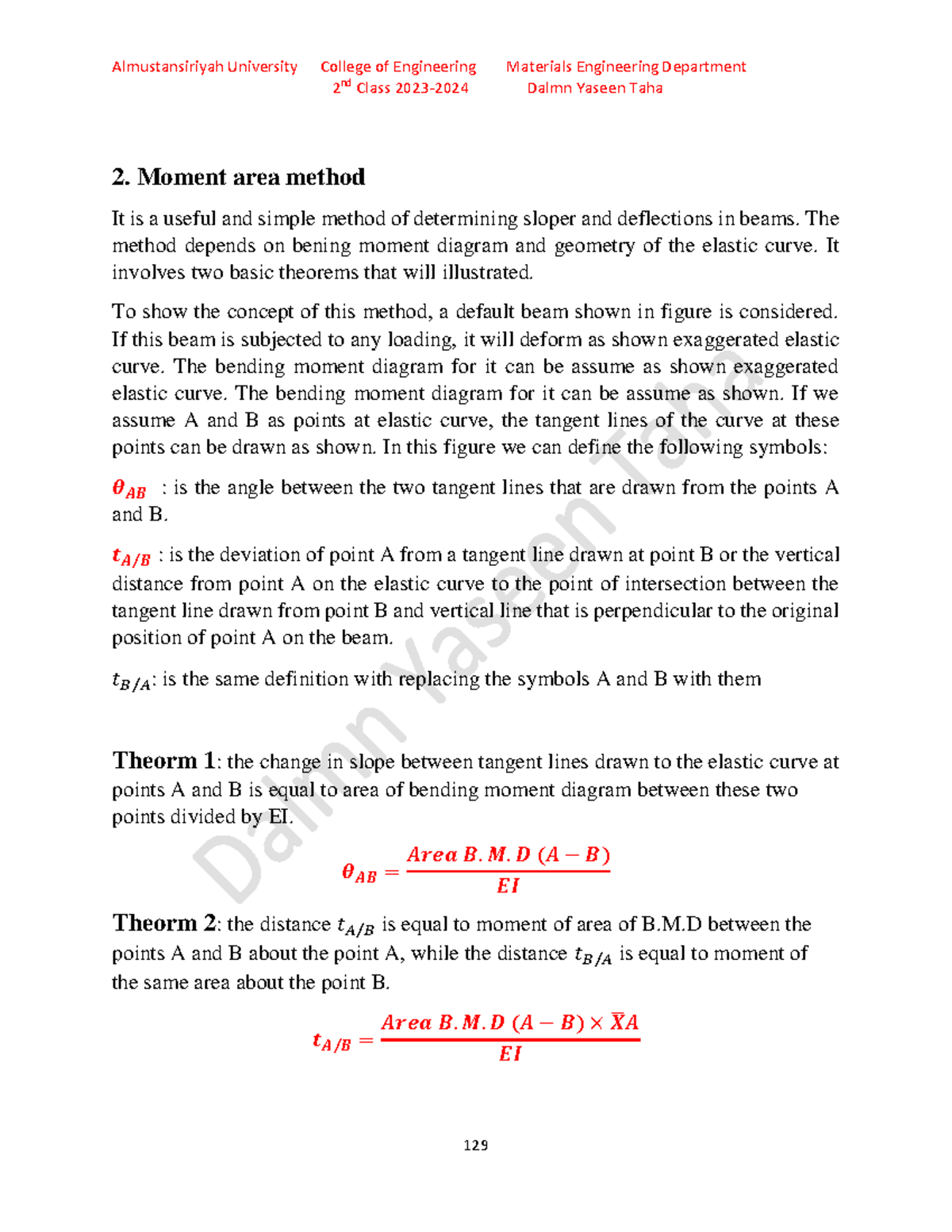 Moment Area Method for Beams - 2nd Class Materials Eng. (Exams) - Studocu