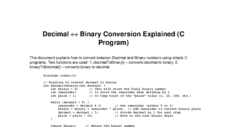 C Program: Decimal to Binary & Binary to Decimal Conversion - Studocu