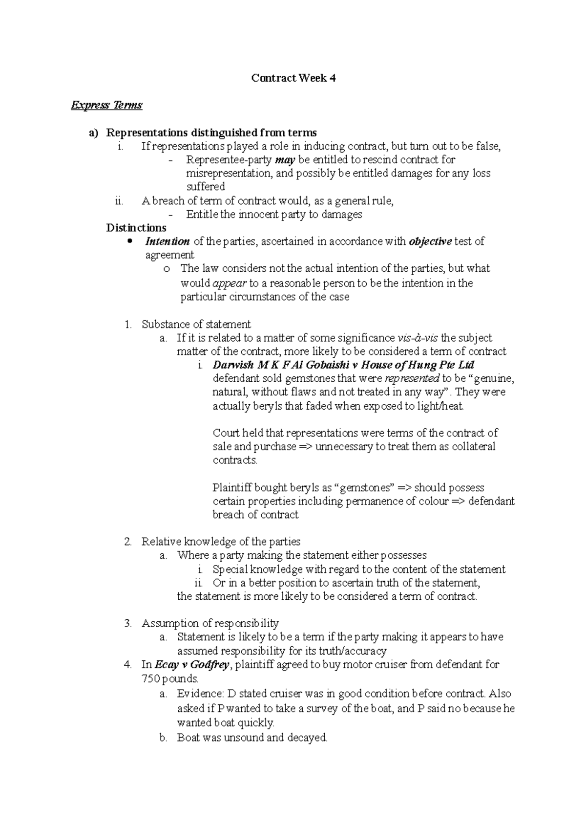 Contract Law Lecture Notes - Week 4: Express & Implied Terms - Studocu