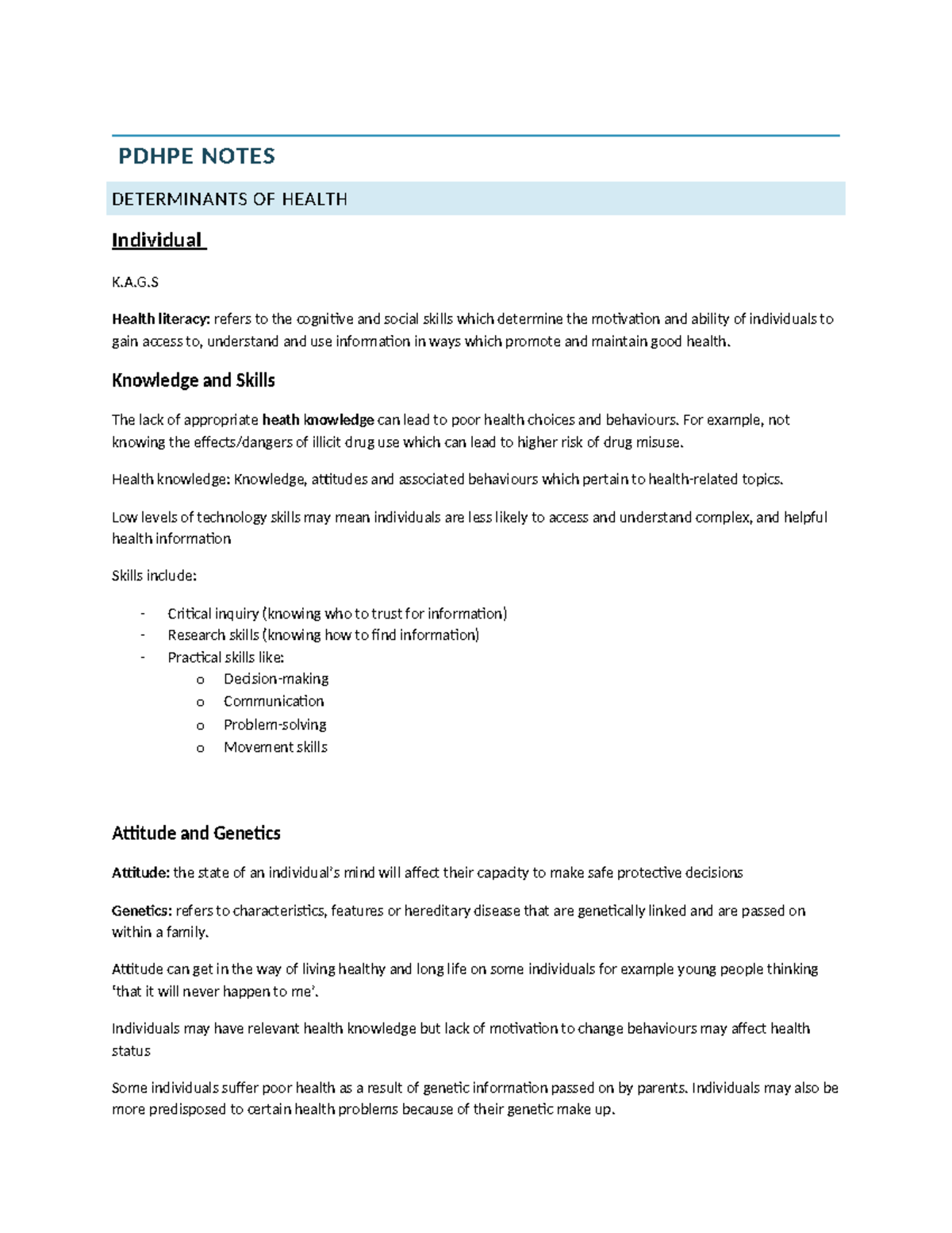 CORE 1 PDHPE Health Determinants Summary Notes - Studocu