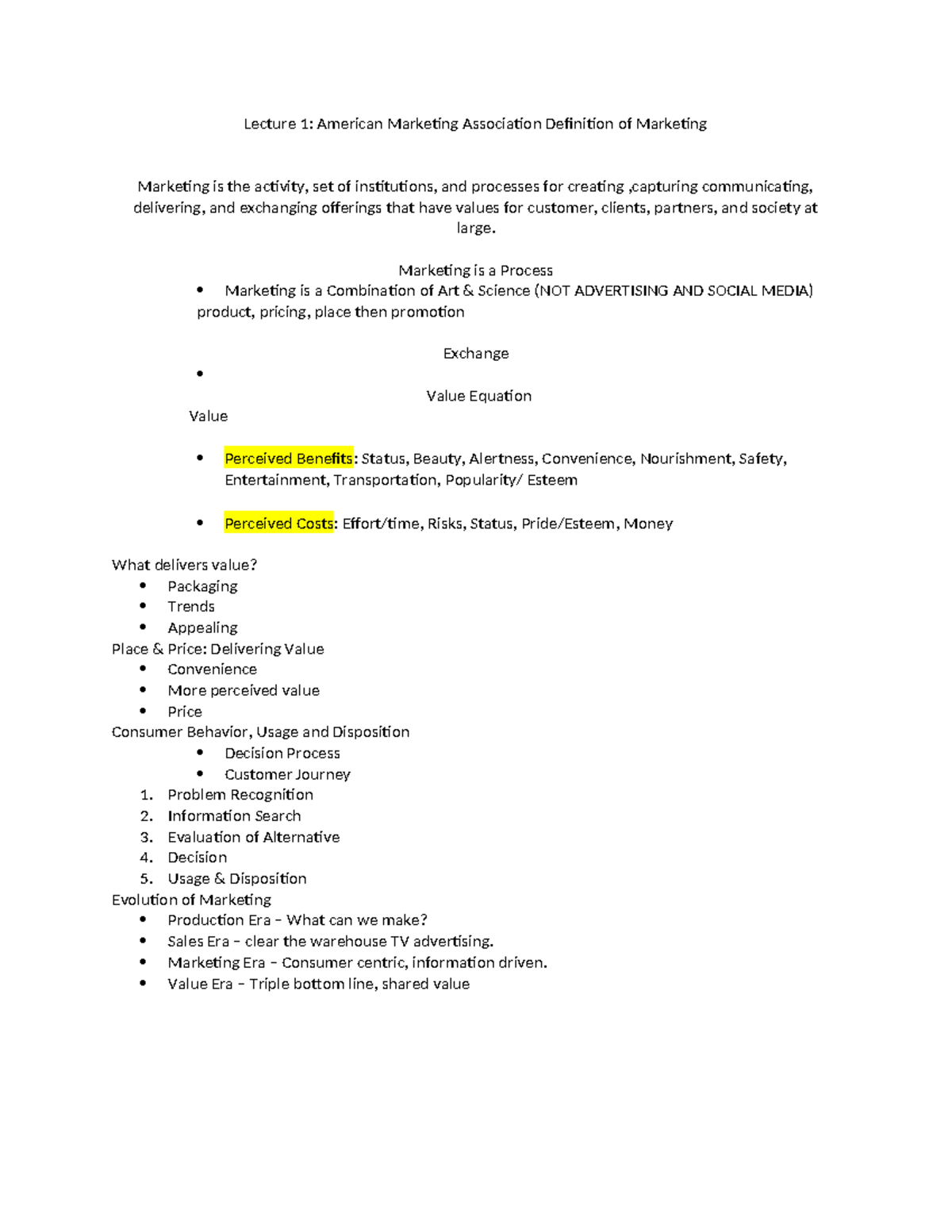 MKT 101 Lecture Notes: Intro to Marketing Concepts & Definitions - Studocu