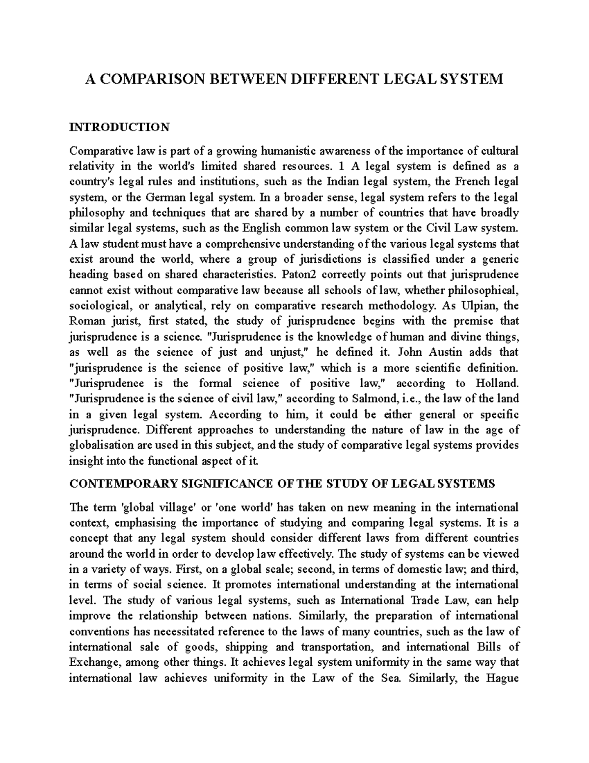 Comparative Analysis of Global Legal Systems and Their Impacts - Studocu