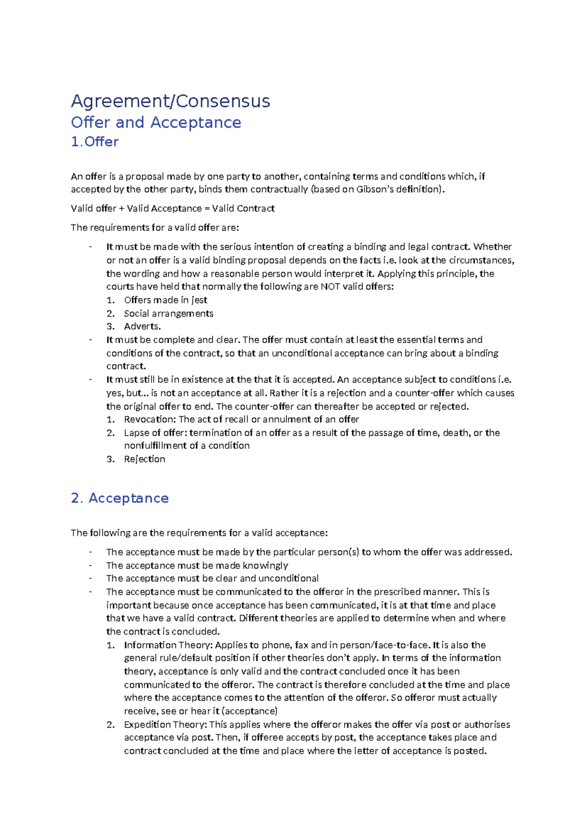 Contract Law: Offer and Acceptance (Document 3 - Agreement + Consensus ...