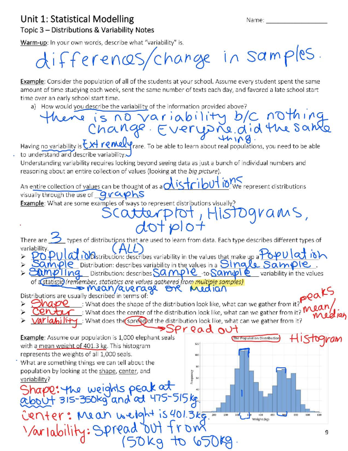 Unit 1: Statistical Modelling - Day 3 Class Notes on Distributions ...