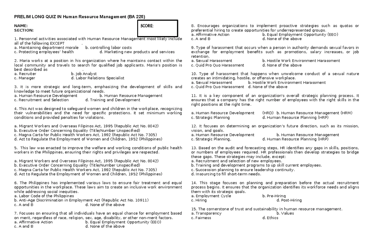 HRM 101: Final Quiz on Human Resource Management Concepts - Studocu