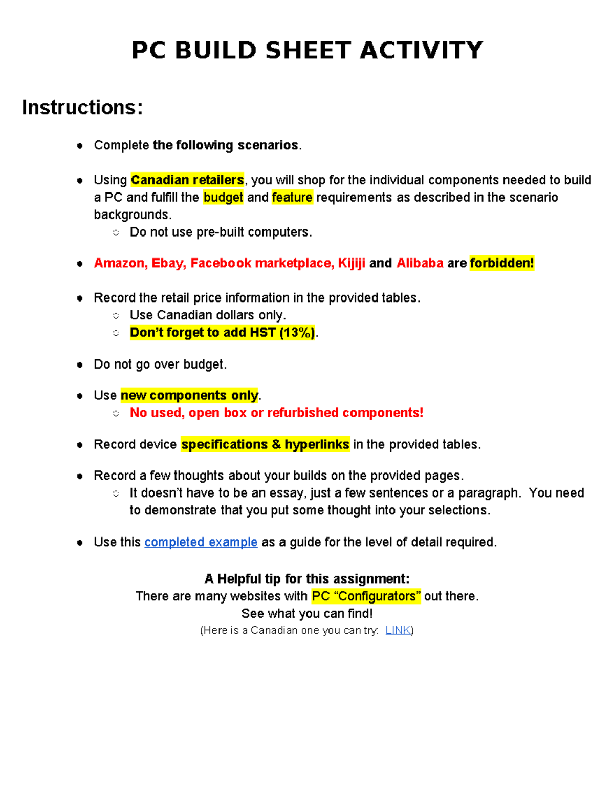 PC Build Sheet Assignment (Grd. 11-12 Culm) - 4 Builds Overview - Studocu