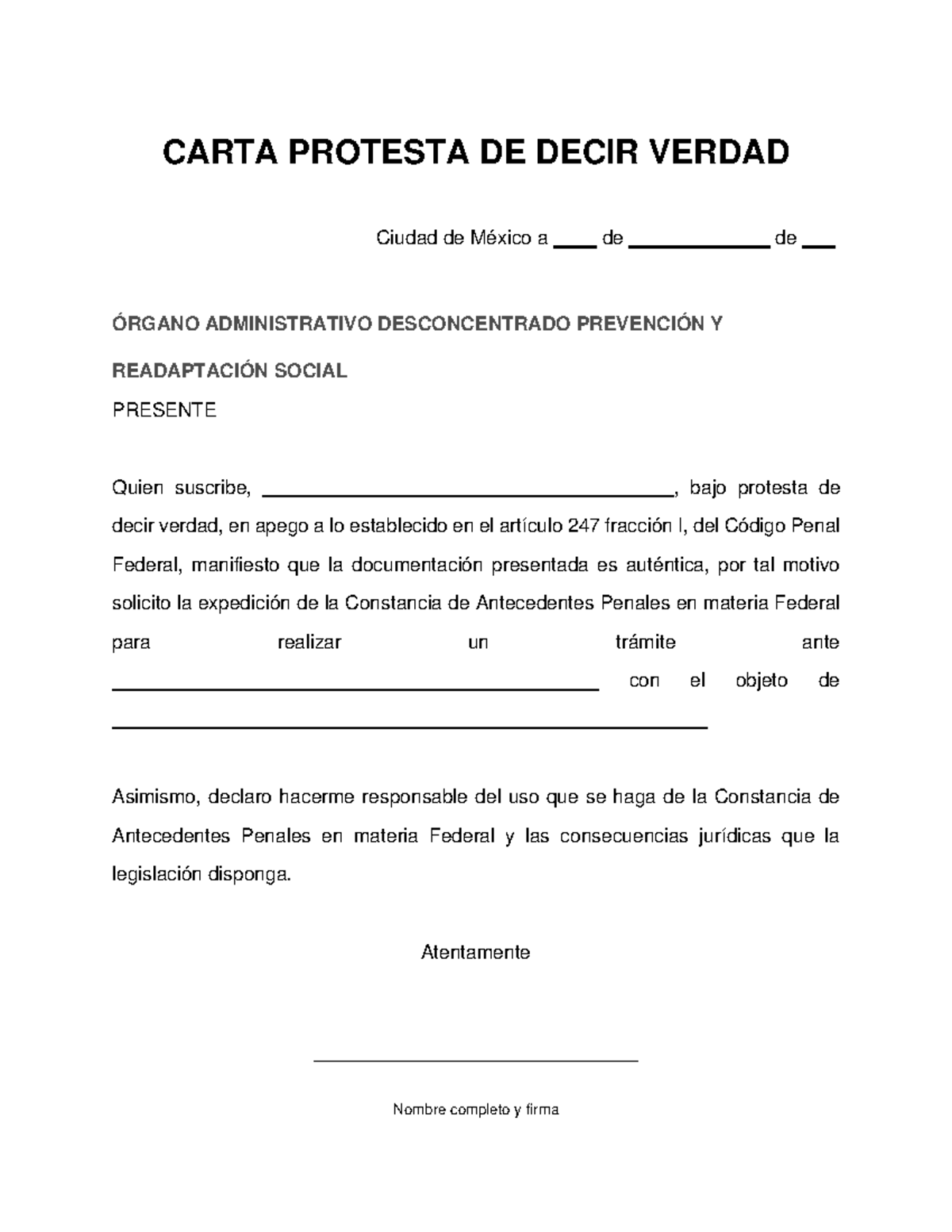 Carta Protesta de Decir Verdad para Solicitud de Constancia Penales ...