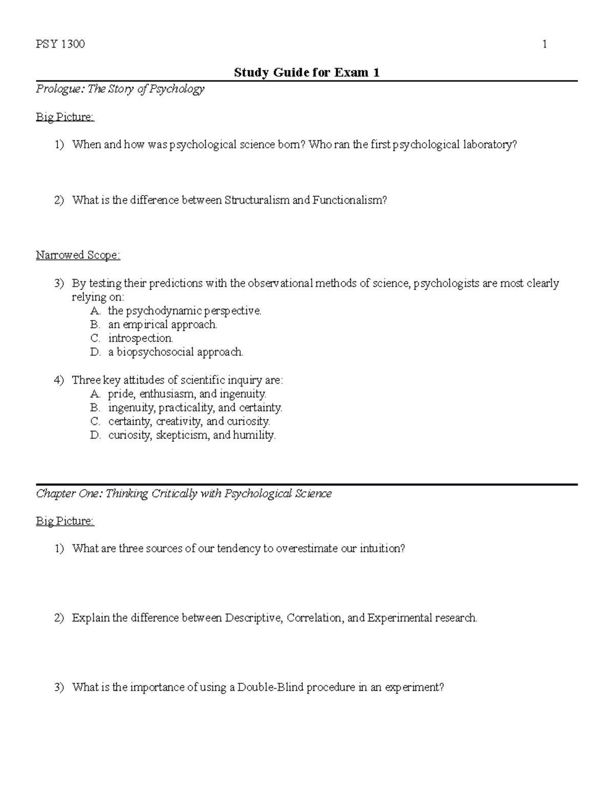 Exam 1 Study Guide: PSYC 1300 - Key Concepts & Questions - S23 - Studocu