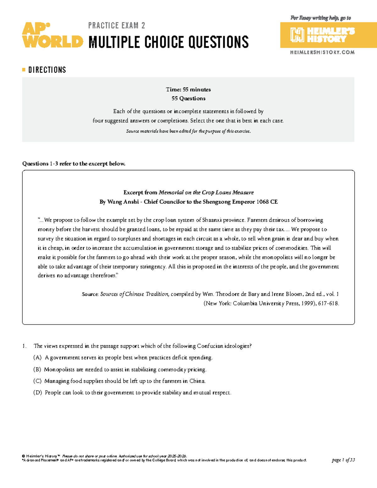 AP World History Practice Exam 2: Multiple Choice Questions - Studocu