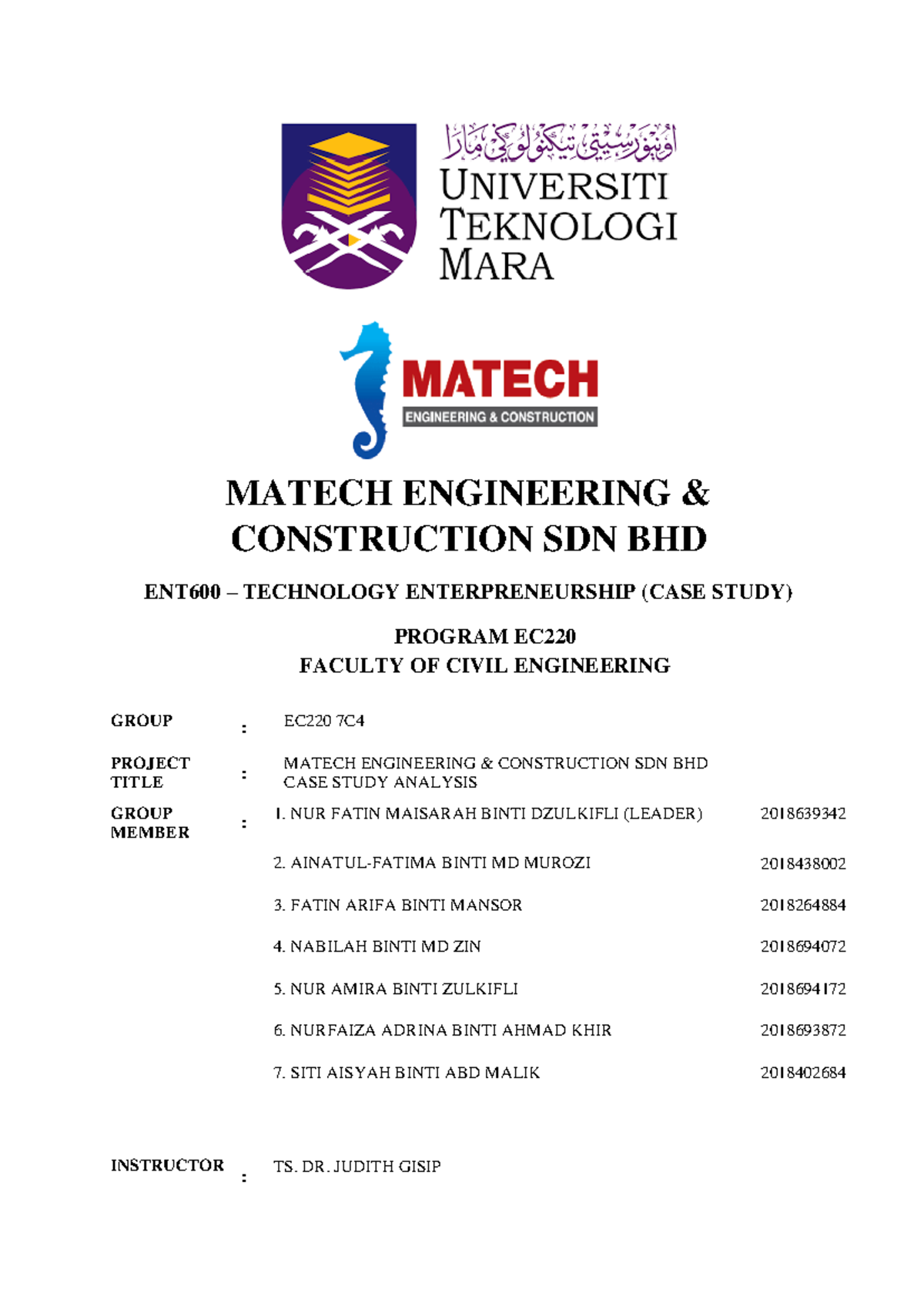 Case Study Report for Technology Entrepreneurship - MATECH ENGINEERING ...