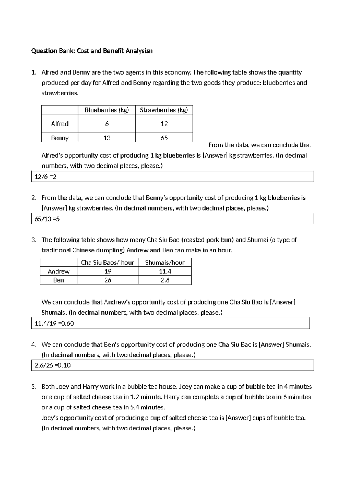 ECON1210 Quiz 2: Cost and Benefit Analysis Question Bank - Studocu