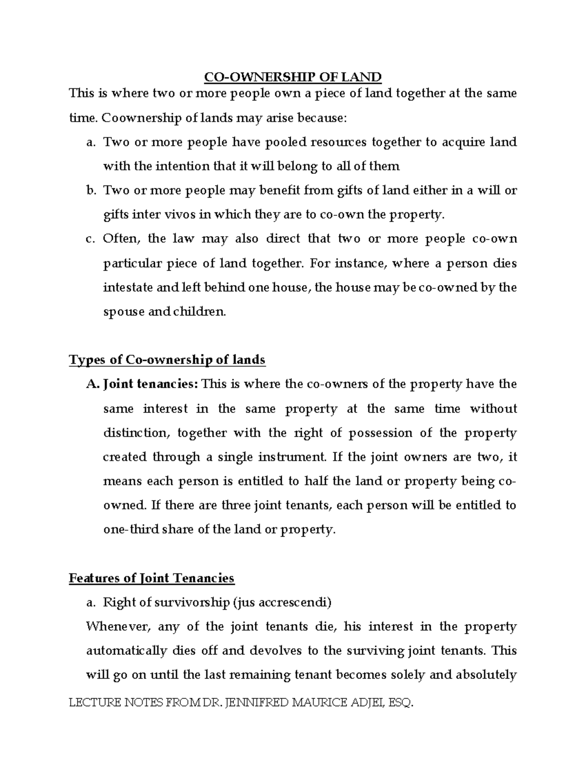 Lecture Notes IV - Co-Ownership of Land by Dr. Jennifred Maurice Adjei ...