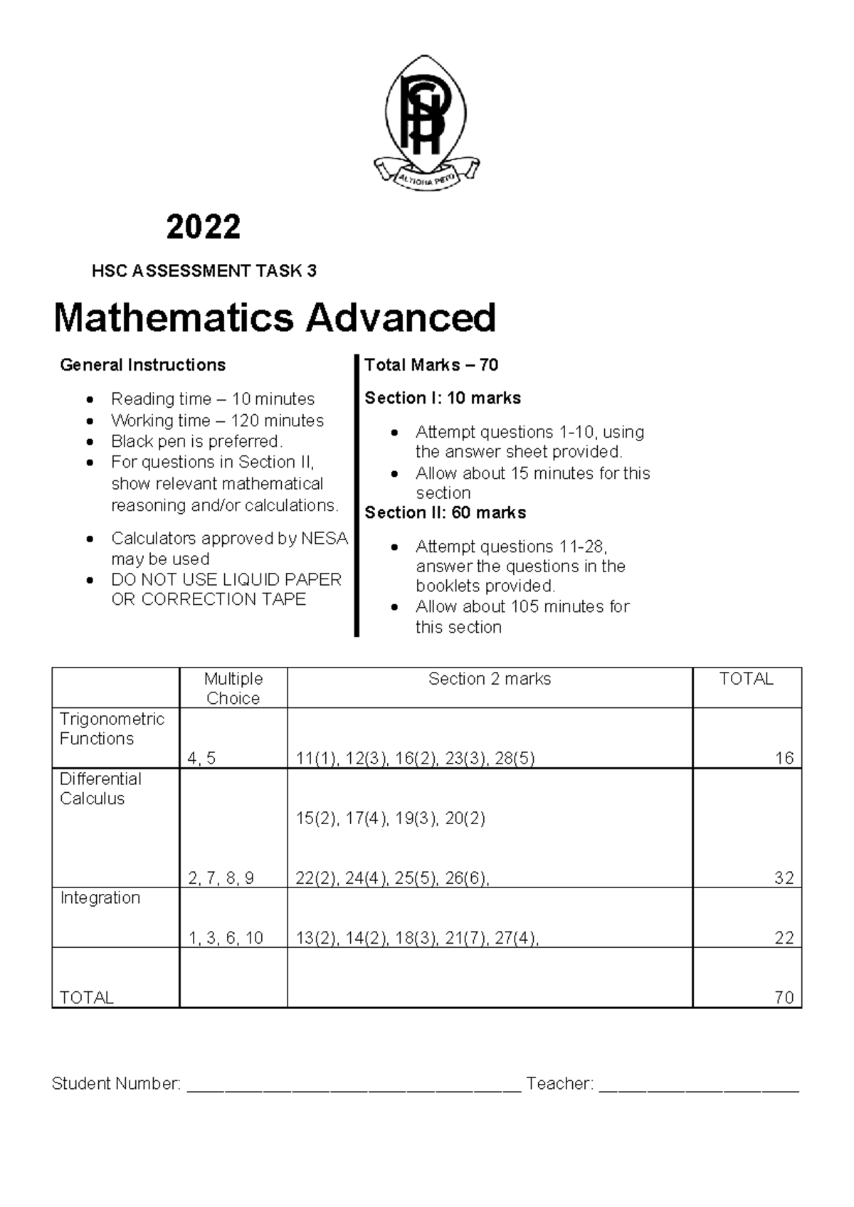 2022 HSC Mathematics Advanced Task 3: Trigonometry & Calculus - Studocu