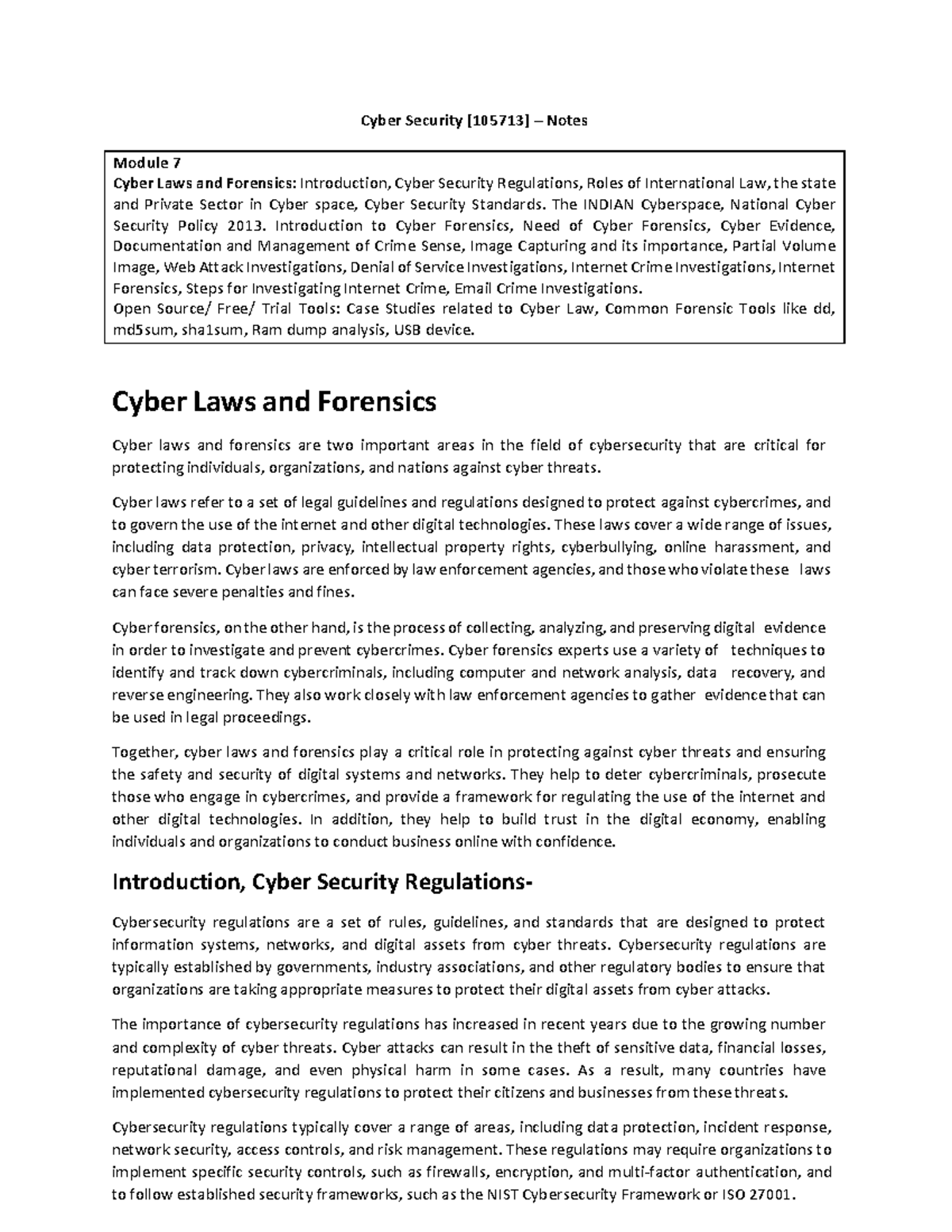 Cyber Security Notes (Module 7): Cyber Laws & Forensics Overview - Studocu