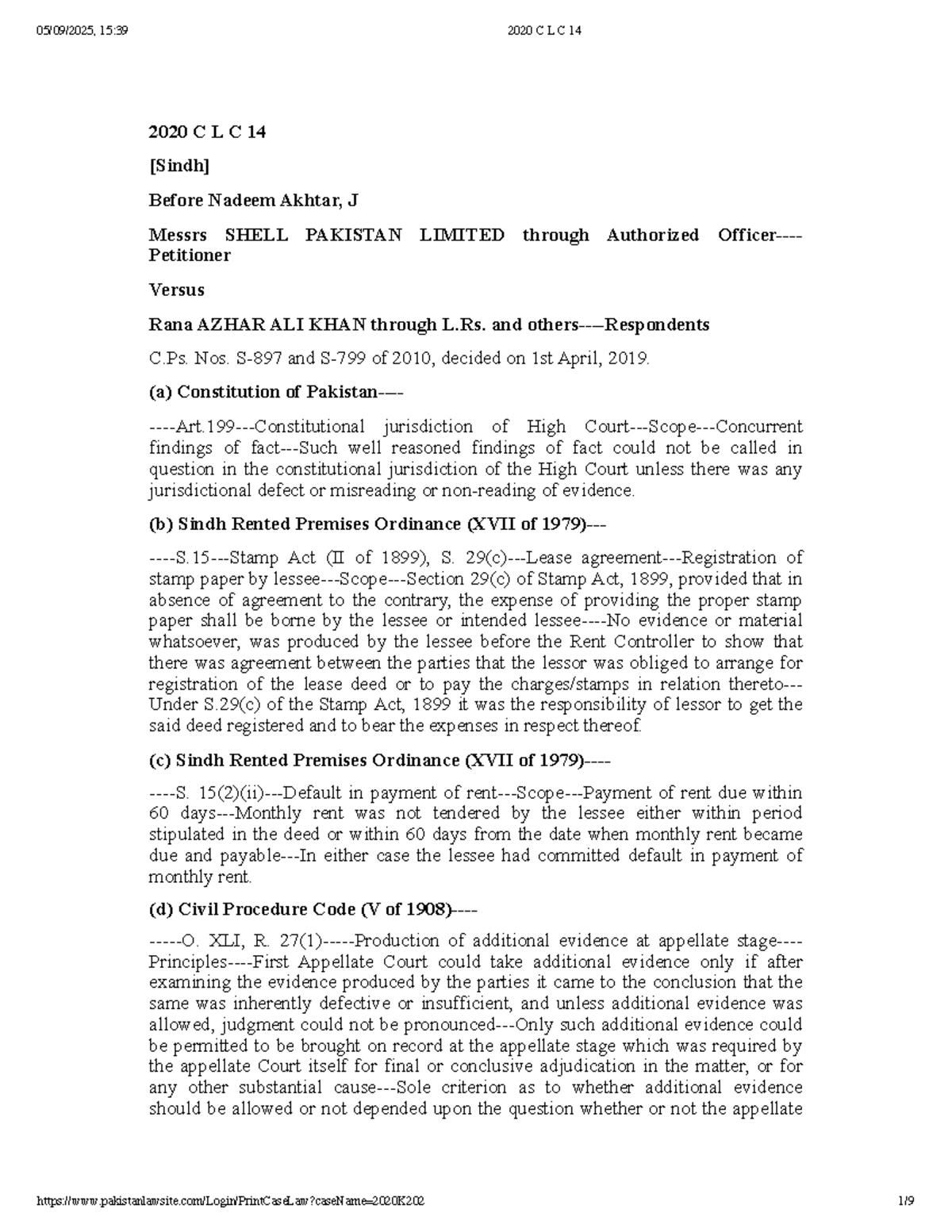 2020 C L C 14 - Shell Pakistan Limited vs. Rana Azhar Ali Khan ...