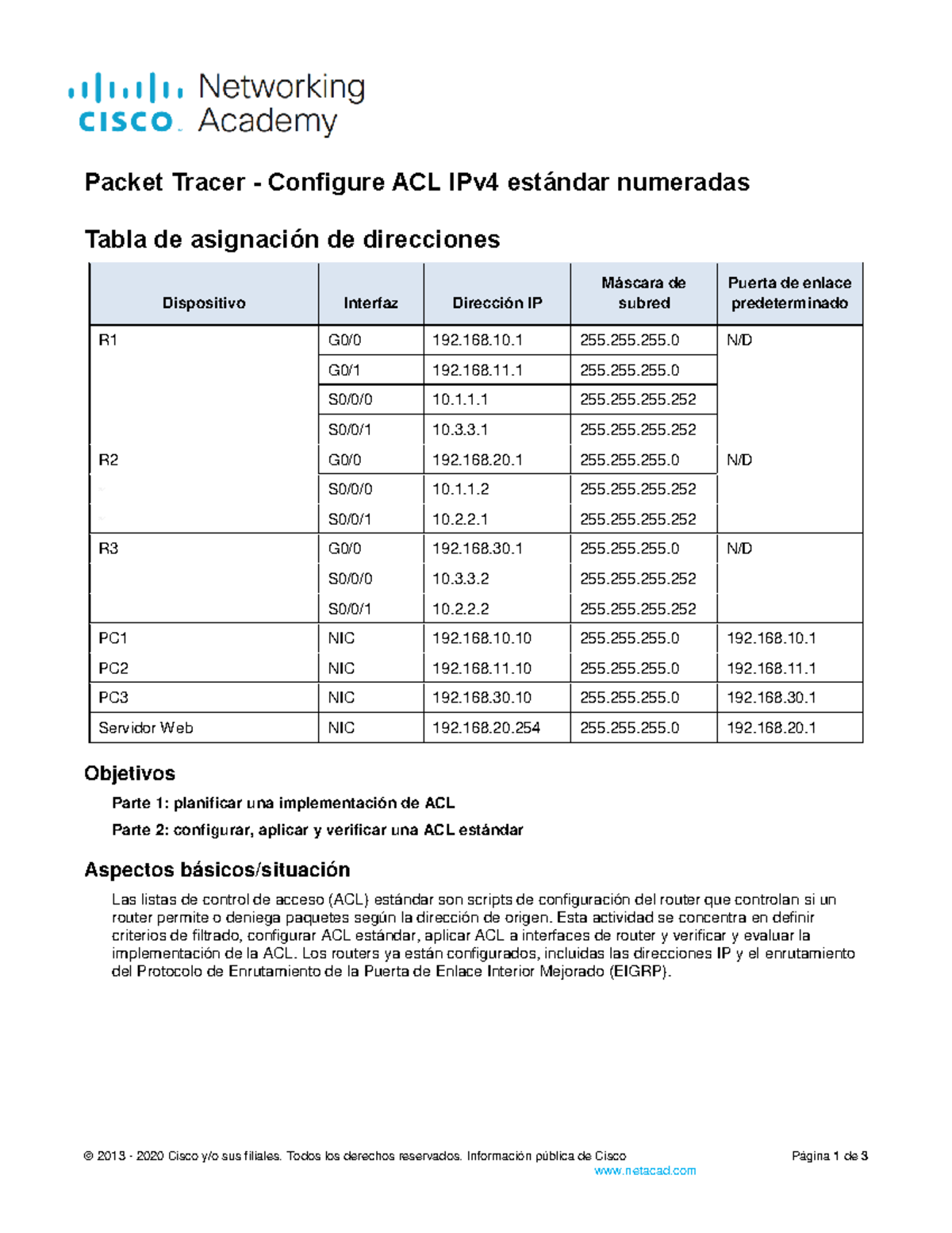 Configuración de ACL IPv4 Estándar en Packet Tracer - Apuntes 5 - Studocu