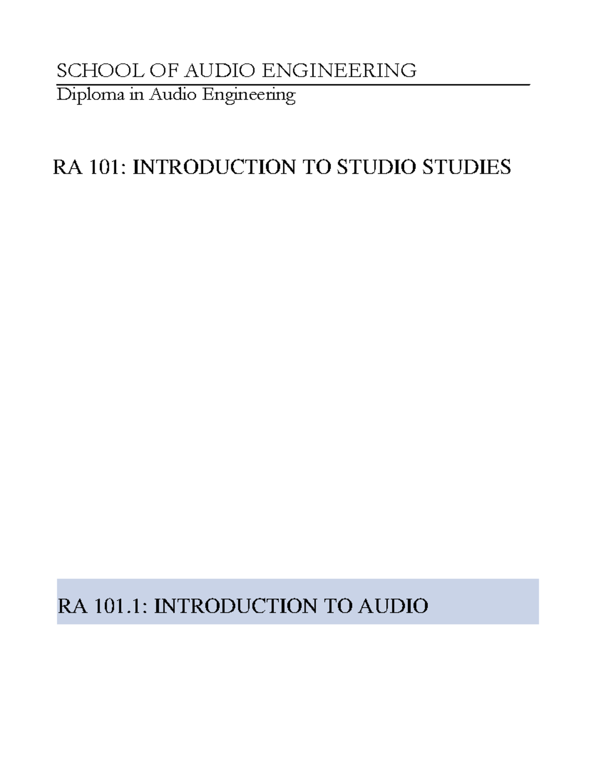 RT101-1-Intro To Audio - Sound Engineering - Chapter 1 Overview - Studocu