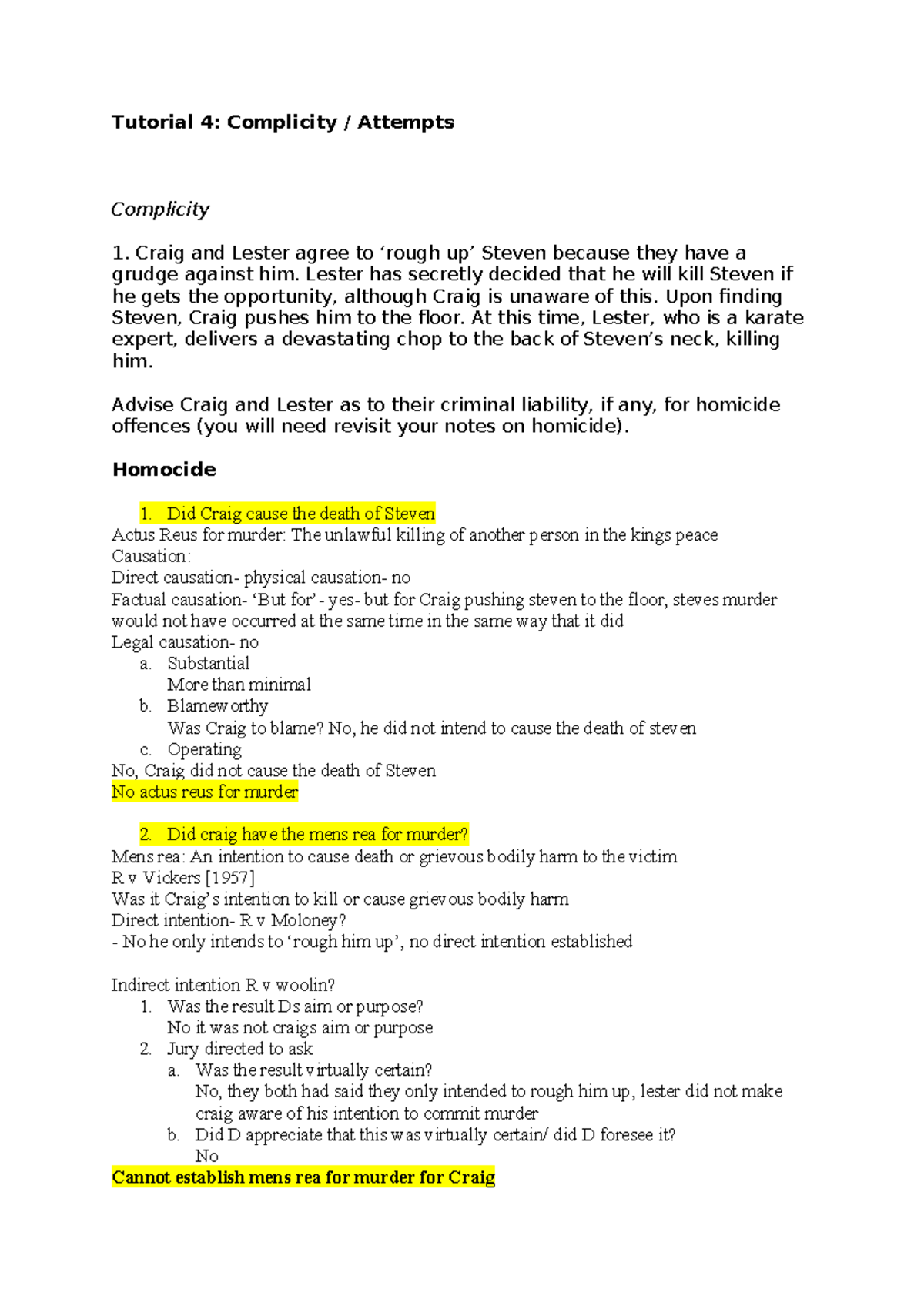 Tutorial 4: Criminal Liability for Complicity and Attempts - Studocu