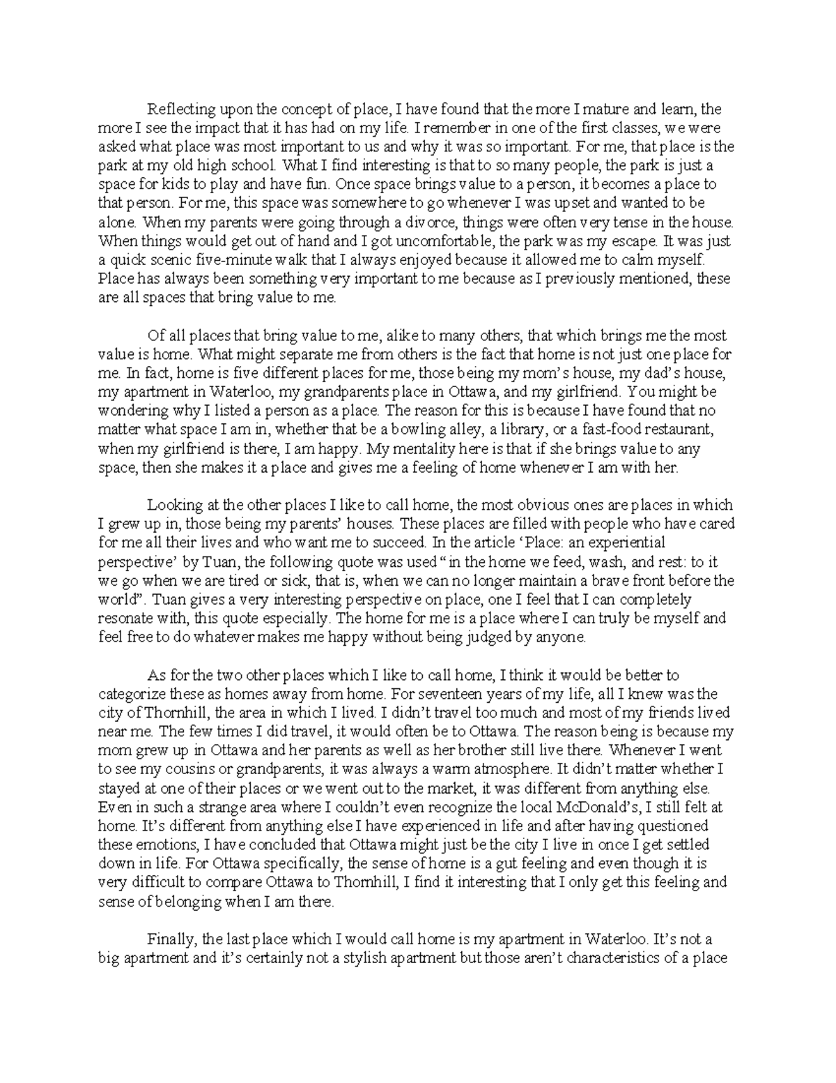 Life Reflection Essay: The Concept of Place and Home - Studocu