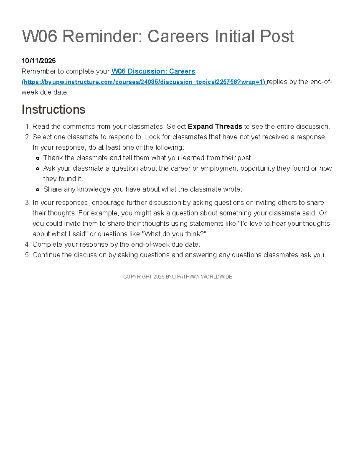 W06 Discussion: Careers Initial Post Guidelines and Reminders - Studocu