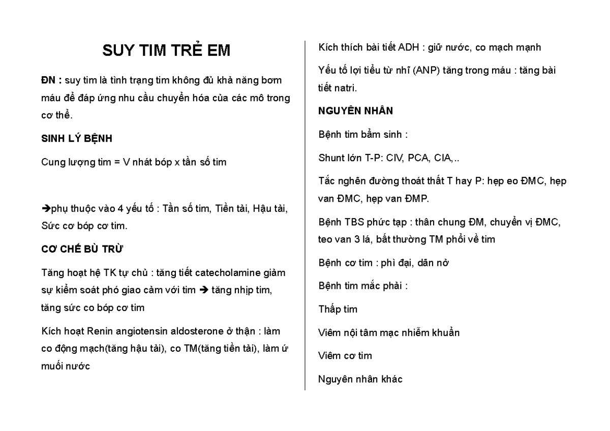 SUY TIM TRẺ EM: Đặc Điểm, Nguyên Nhân và Triệu Chứng Lâm Sàng - Studocu