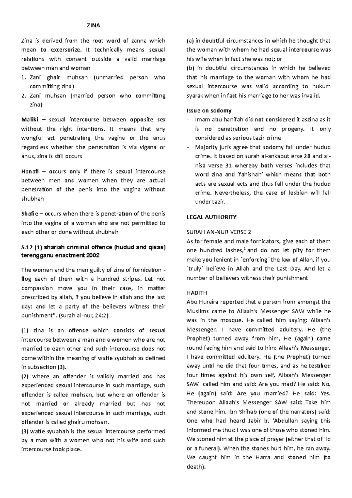 ZINA Notes: Comprehensive Analysis of Zina and Shariah Punishments ...
