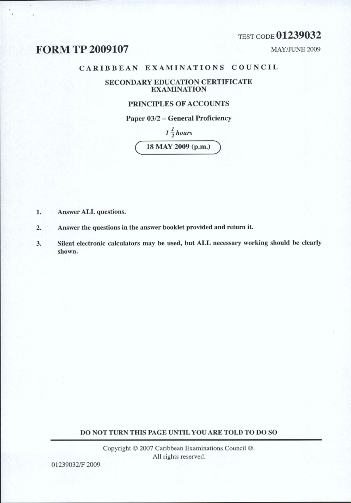 CSEC Principles of Accounts Paper 3 General Proficiency June 2009 - Studocu