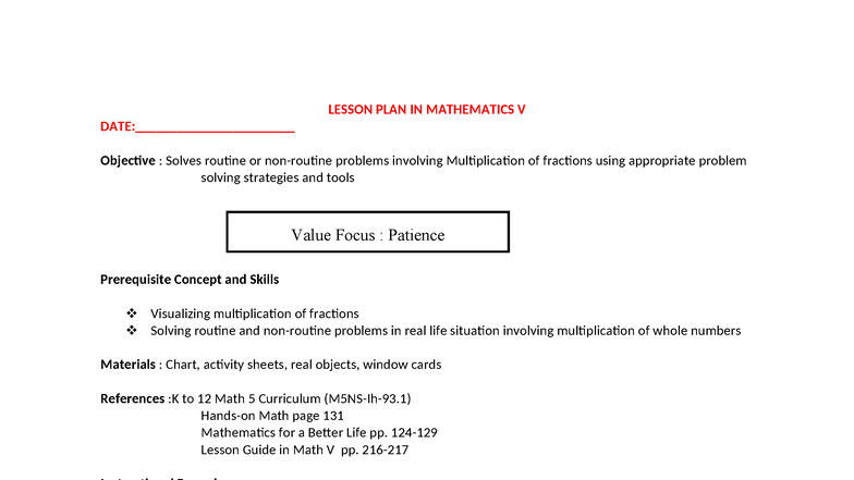 LESSON PLAN IN MATHEMATICS V: Multiplication of Fractions Activities ...
