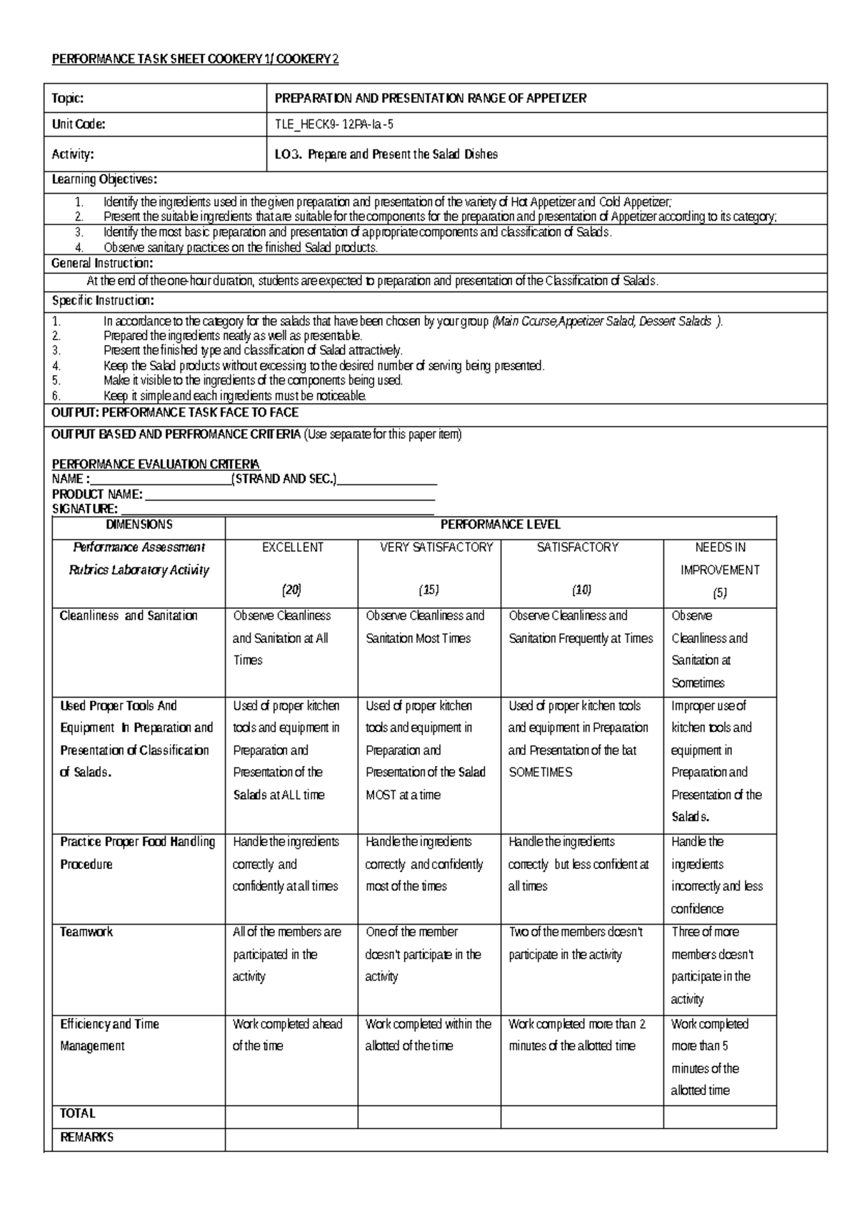 Second QTR Performance-Tas K-Sheet Cookery 1 Cookery 2 -2025 ...