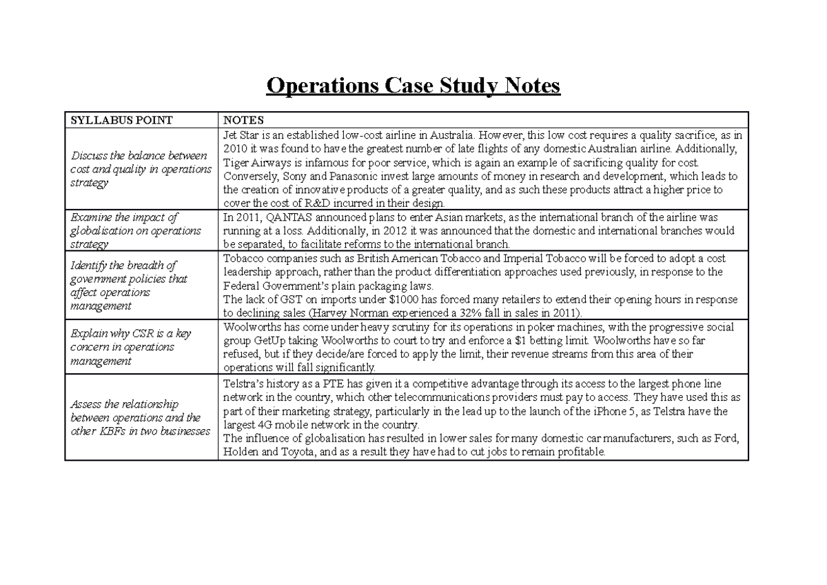 BSS101 - Operations Case Study Notes: Balancing Cost & Quality - Studocu