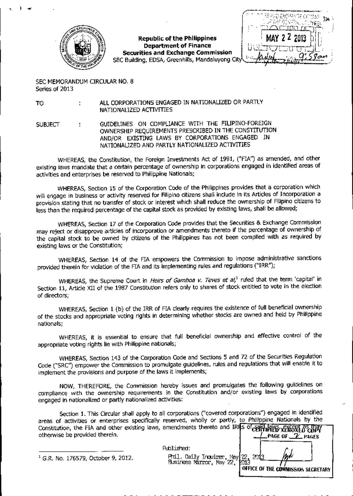 SEC Memo Circ. No. 8 S. 2013: Guidelines on Ownership Compliance - Studocu