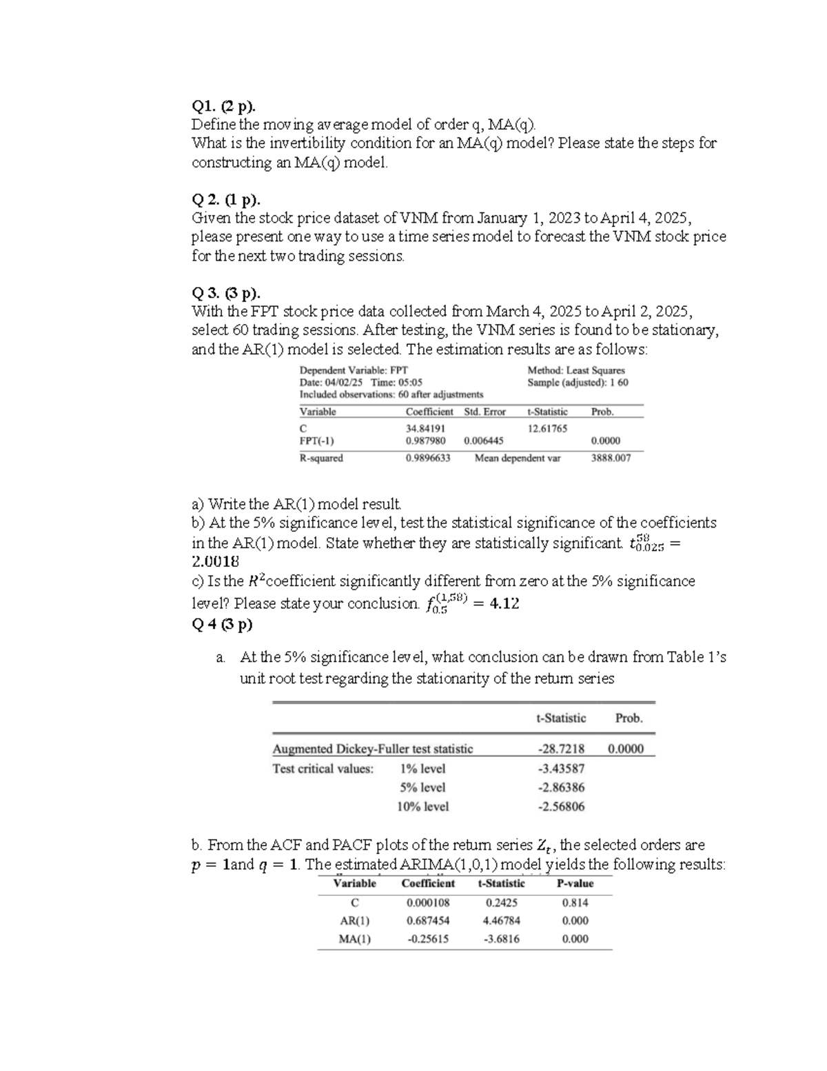 Mock Final Exam: Time Series Analysis & MA(q) Model Insights - Studocu