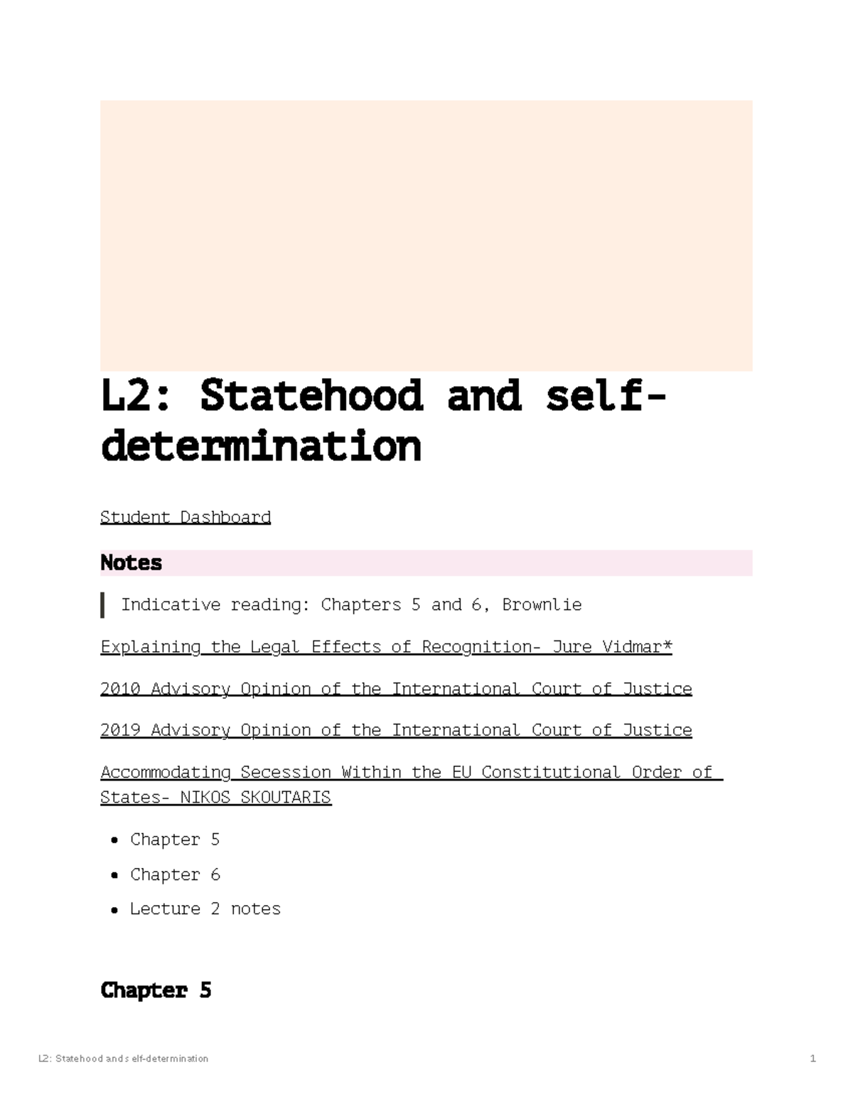 L2: Statehood and Self-Determination - Lecture Notes - Studocu