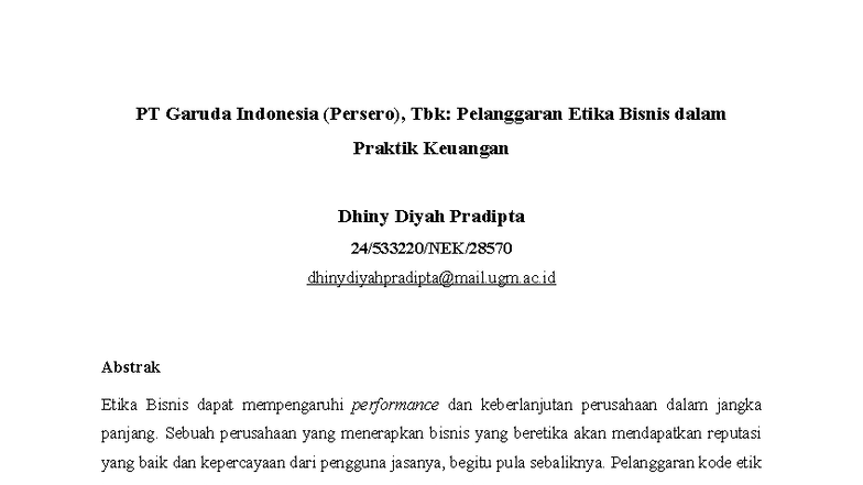 Analisis Pelanggaran Etika Bisnis PT Garuda Indonesia (Persero), Tbk - Document Preview