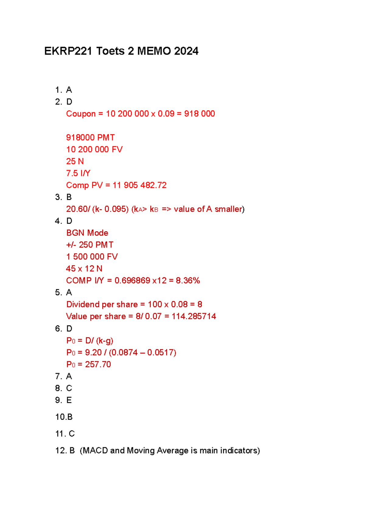 EKRP221 Toets 2 MEMO 2024 - Financial Calculations and Analysis - Studocu