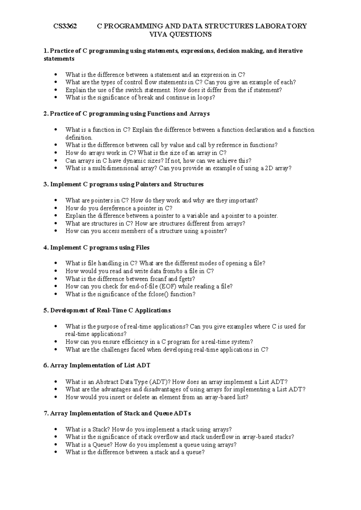 CS3362 C Programming & Data Structures Lab Viva Questions - Studocu