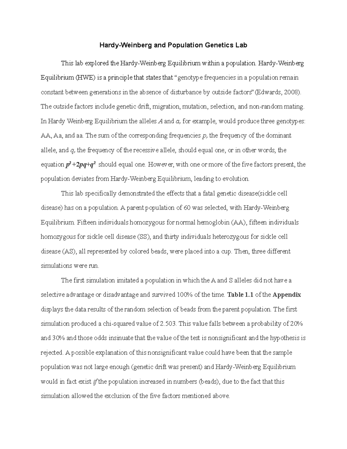 Hardy Weinberg Equilibrium Lab Write-Up - Hardy-Weinberg and Population ...