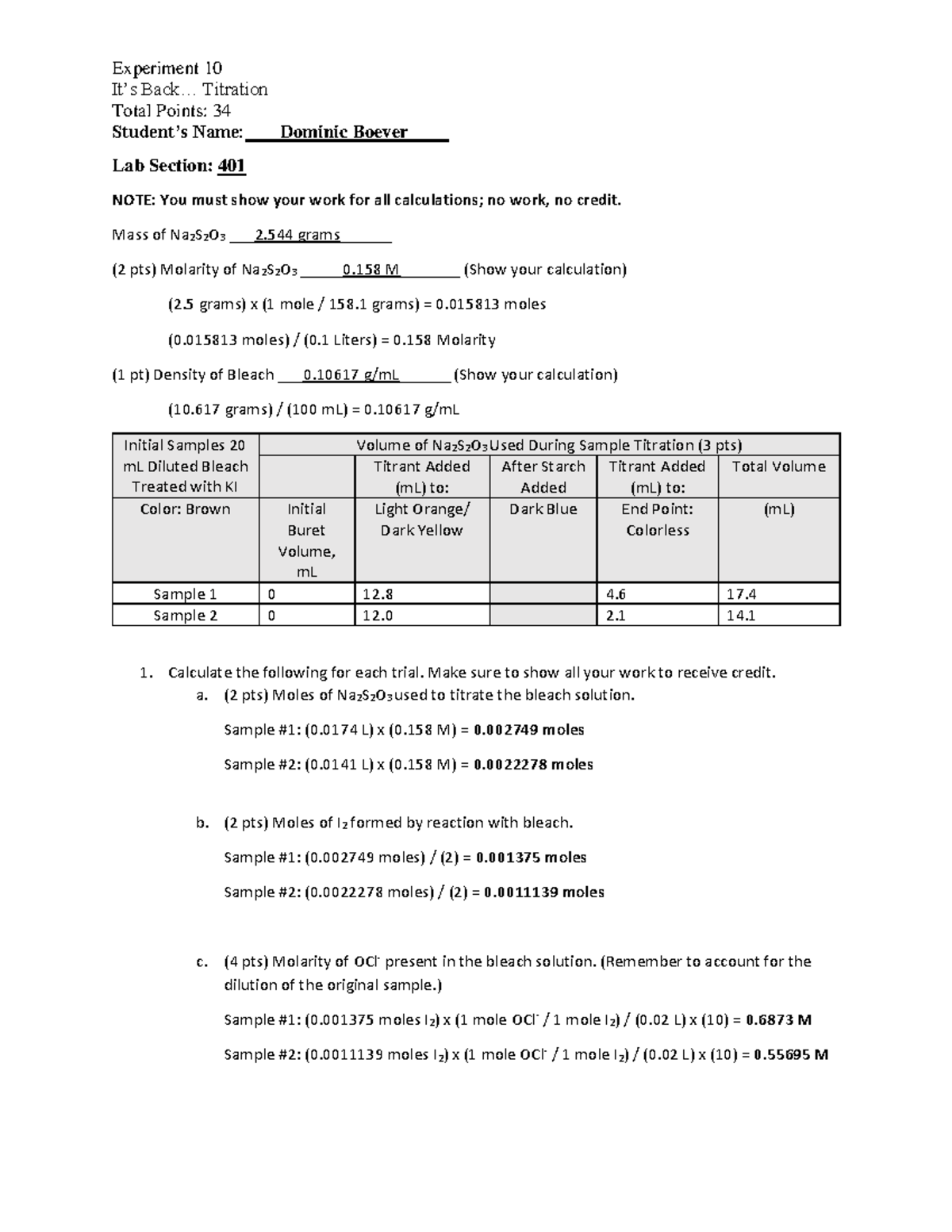 CHEM 110 L Final Exam Experiment 10: Titration Analysis v2 - Studocu