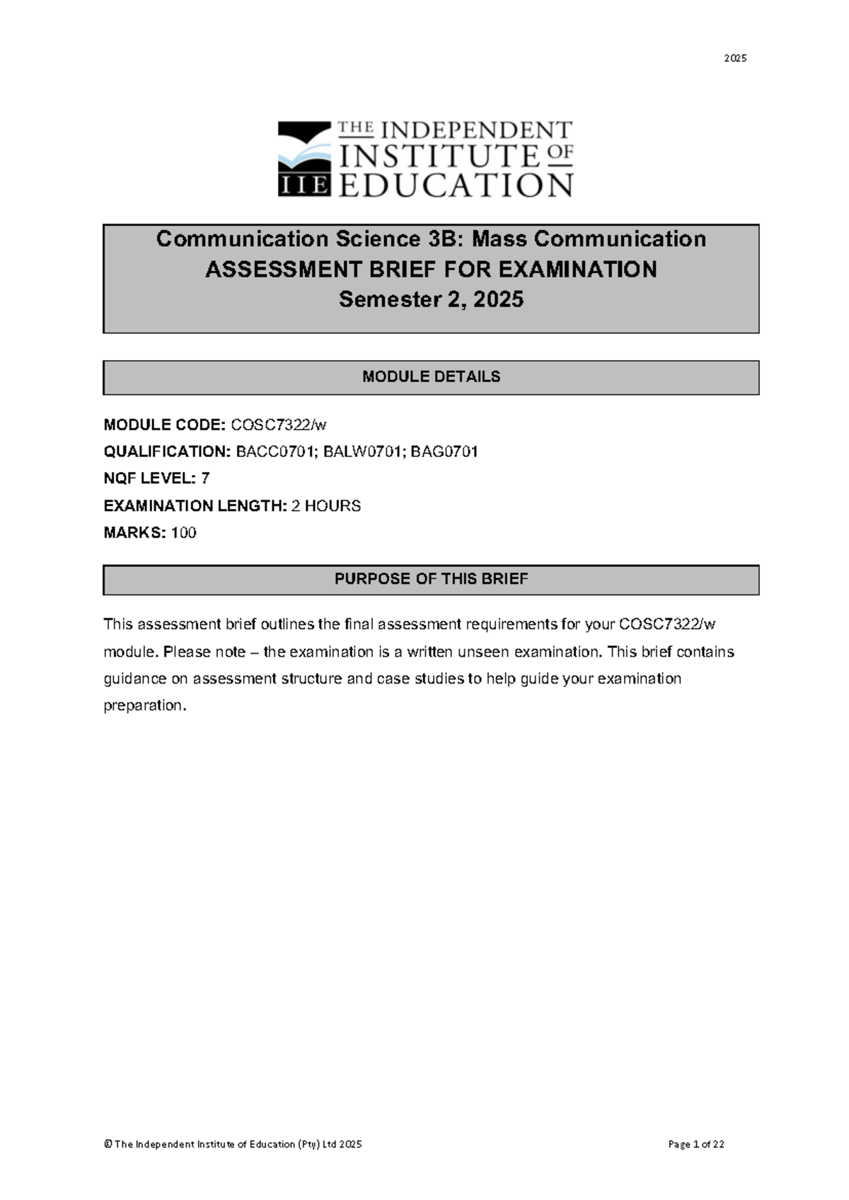 2025 Communication Science 3B: Mass Communication Final Exam Brief ...