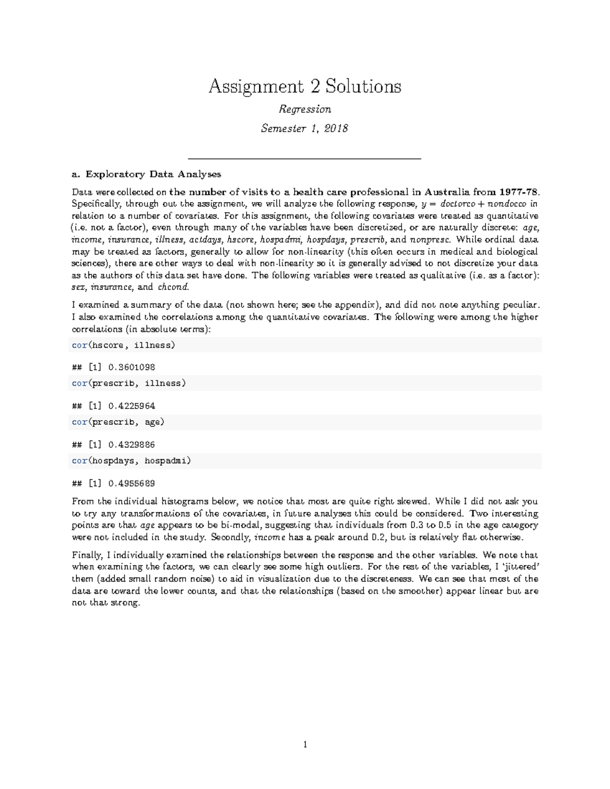 Assignment 2 Solutions - Assignment 2 Solutions Regression Semester 1 ...