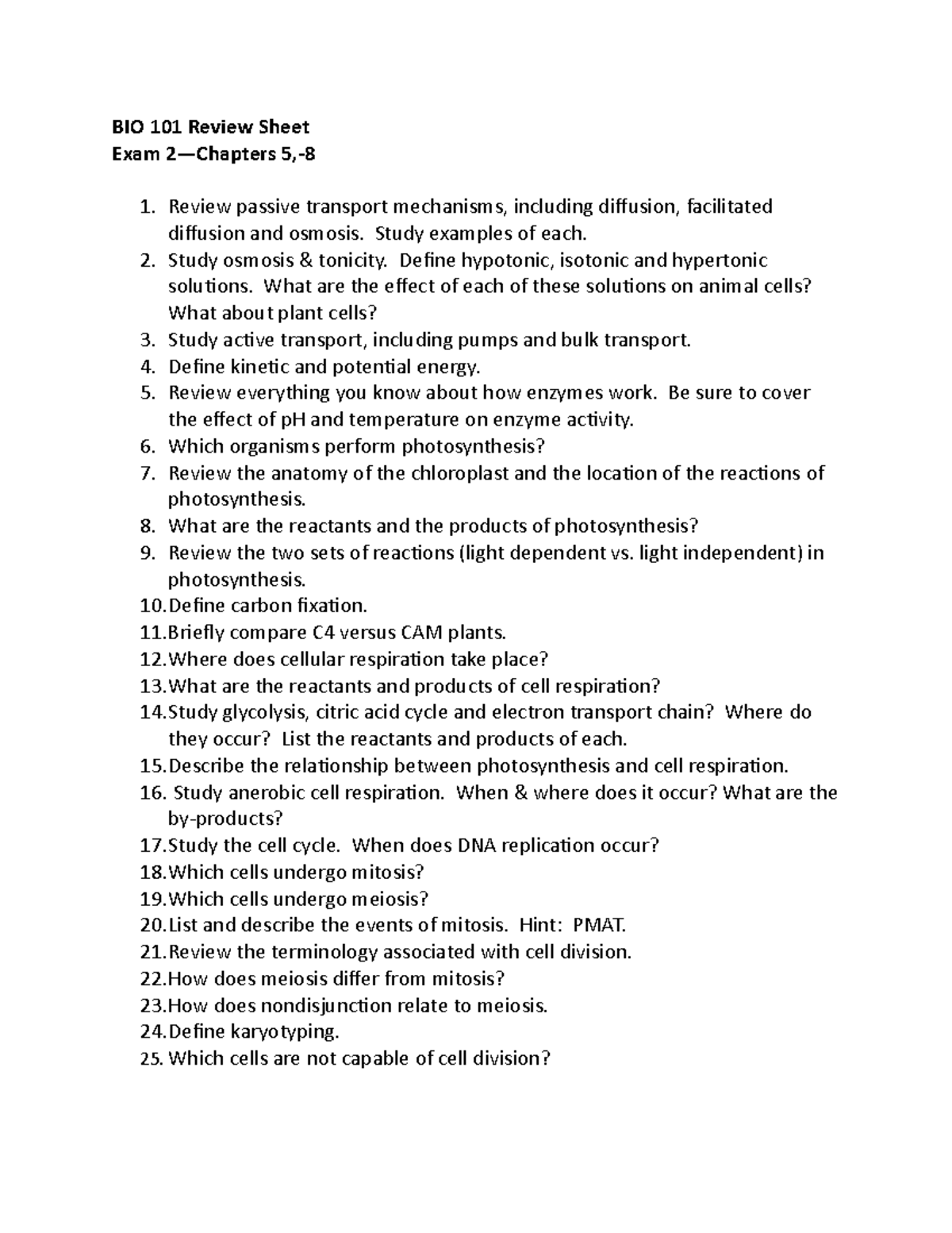 BIO 101 Review Sheet for Exam 2: Key Concepts and Mechanisms - Studocu
