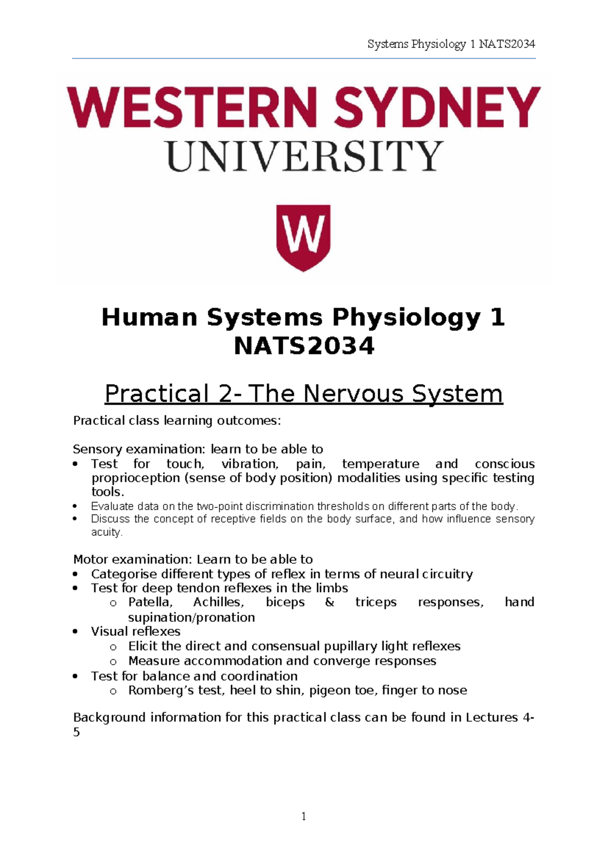 Practical 2 - Nervous System student 2024 - Human Systems Physiology 1 ...