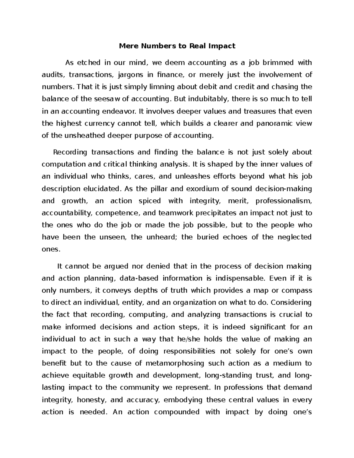 Essay 1: From Mere Numbers to Meaningful Impact in Accounting - Studocu