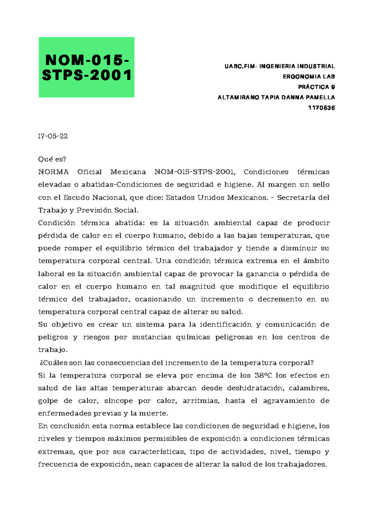 NOM 015 STPS 2001 - Resumen sobre Condiciones Térmicas en Trabajo - Studocu