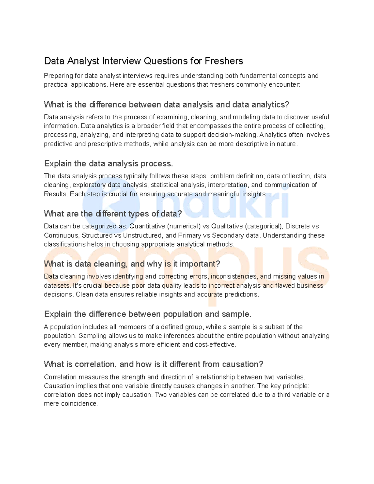 Data Analyst Interview Questions for Freshers: Essential Guide - Studocu
