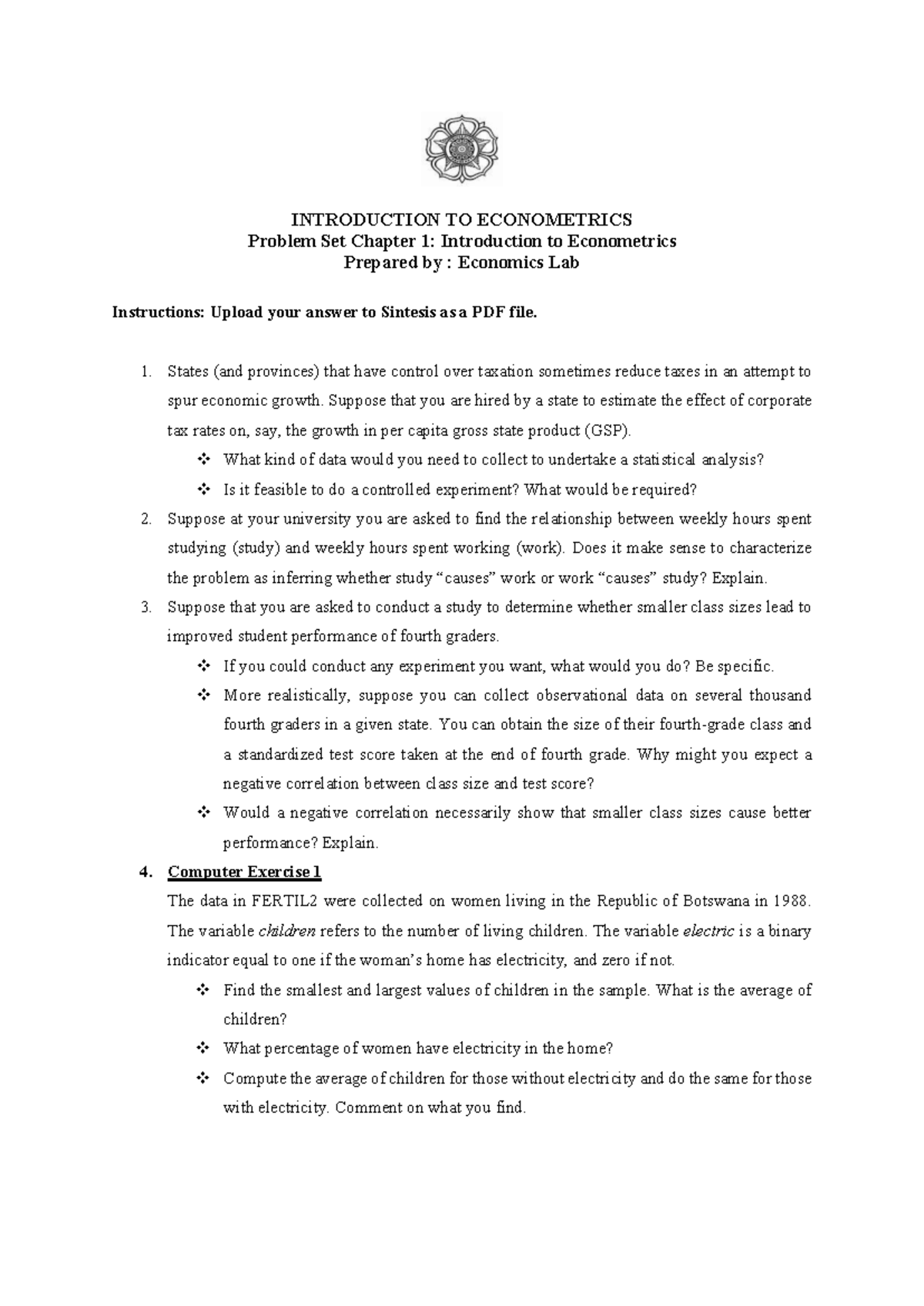 ECO 101: Problem Set 1 - Introduction to Econometrics Analysis - Studocu