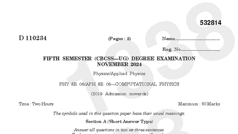 FIFTH SEMESTER DEGREE EXAMINATION: PHY 5B Computational Physics Exam ...