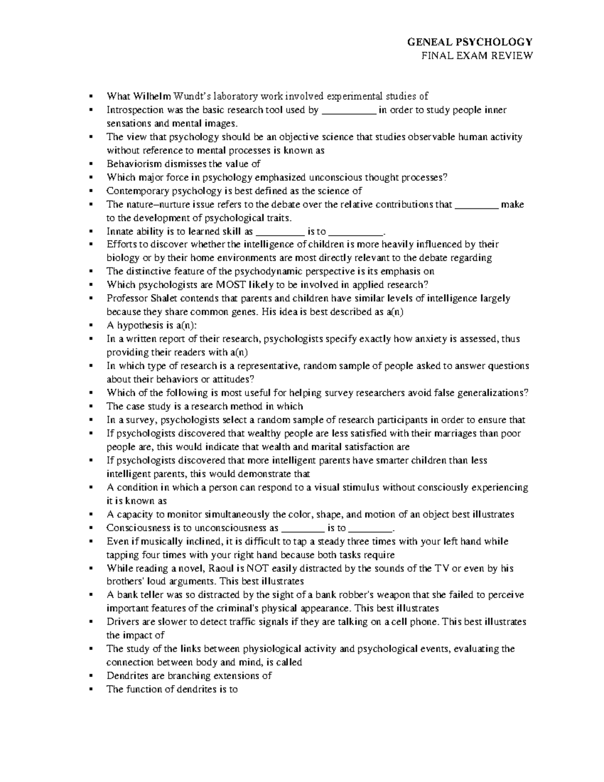 GENEAL PSYCHOLOGY FINAL EXAM REVIEW NOTES - Studocu