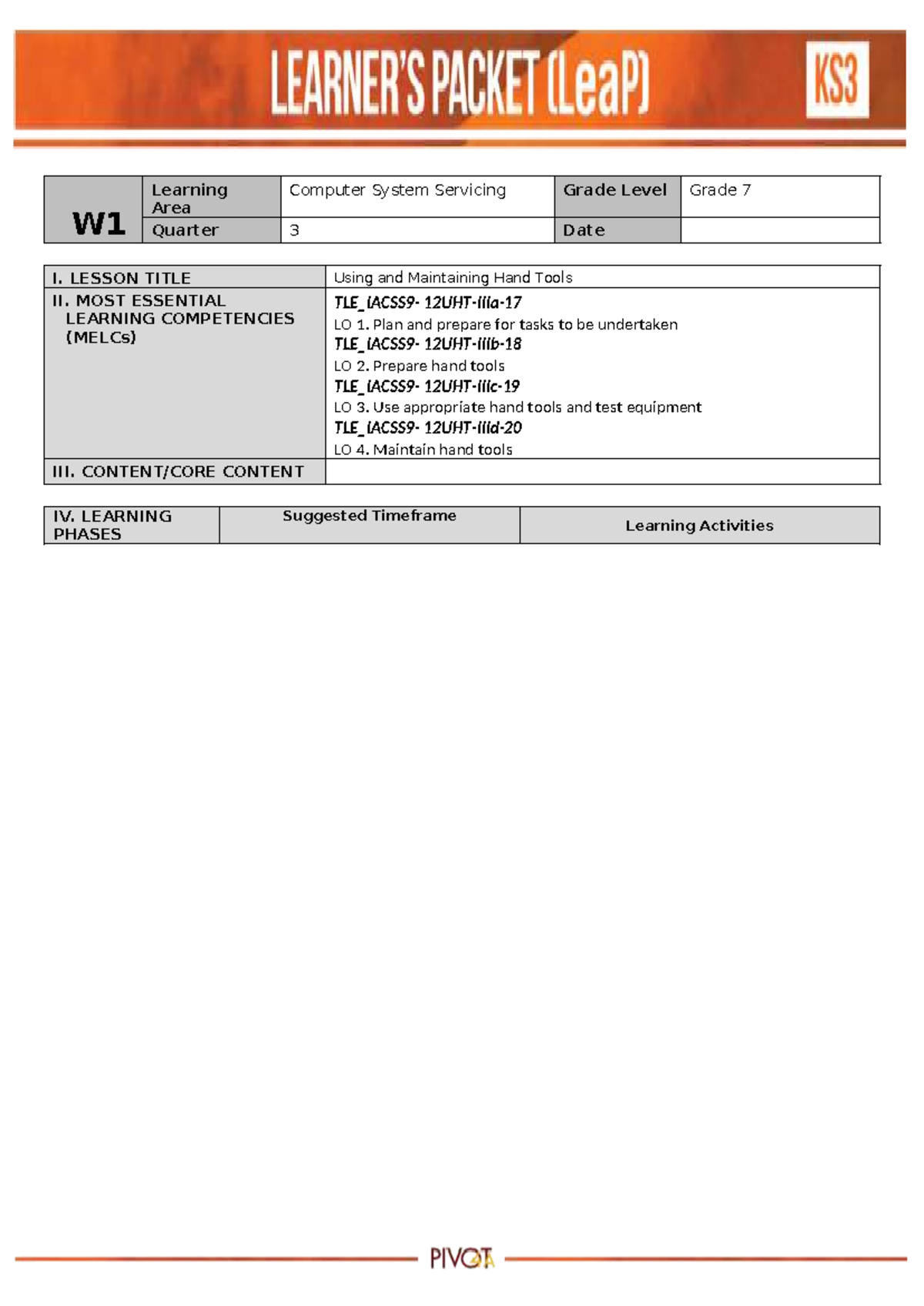 TLE ICT CY7 W1 - W Learning Area Computer System Servicing Grade Level ...