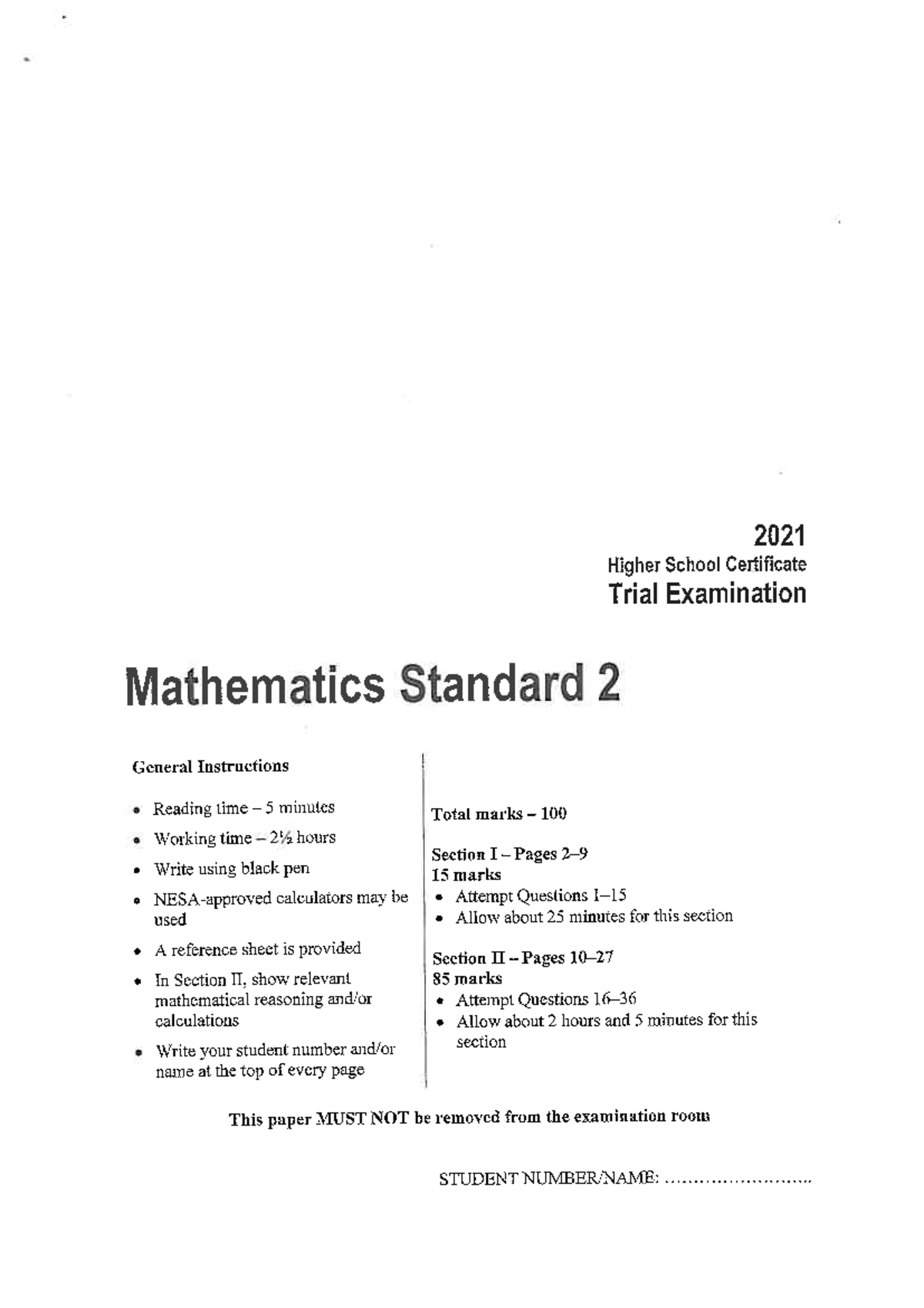 2021 HSC Trial Exam Mathematics Standard 2: Student Paper Insights ...